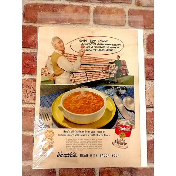 Campbells Bean with Bacon Soup - Store Shelves -1950 Original Retro Vtg PRINT AD - Picture 2 of 9